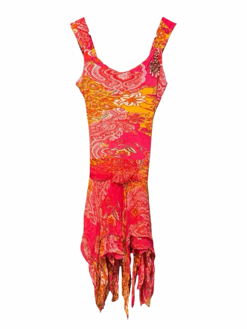 René Derhy Fairy Dress Pink Orange Paisley Floral Handkerchief Hem Y2K Size M